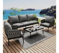 Kayan Juego de muebles de jardín de 4 piezas, juego de salón de jardín para 5 personas, muebles de exterior con sofá de 3, 2 sillones y mesa de café, muebles de balcón con cómodos cojines, acero