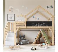 Kayan Litera, cama infantil con protección contra caídas y rejilla, diseño único de techo, pizarra para pintar, con 3 taquillas en la escalera, pino+MDF+madera contrachapada, blanco y natural, 90 x