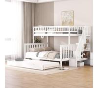 Kayan Litera con cama plegable y escalera, cama infantil con protección anticaída y somier, escalera con espacio de almacenamiento, cama anticaídas, cama doble, triple, cama juvenil, color blanco