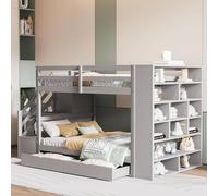 Kayan Litera de 90 x 200 cm, cama alta con compartimentos de almacenamiento, cajones y grandes taquillas, cuna con protección anticaída y somier de listones, cama de almacenamiento, sin colchón (gris)