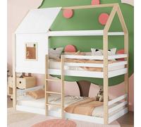 Kayan Litera de 90 x 200 cm, cama infantil con escalera y listón de ventana, cama con somier de láminas de madera, cama alta para niños, adolescentes y adultos, sin colchón