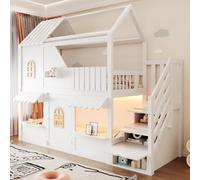 Kayan Litera infantil de 90 x 200 cm, diseño con ventanas, techo, barandilla y puerta, con escalera de almacenamiento, iluminación LED y estantes, color blanco, sin colchón