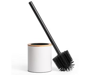 KAZAI. Cepillo de inodoro y soporte de silicona con aspecto de madera: cepillo de acero inoxidable con cabeza de silicona, soporte metálico con detalles de bambú. Cepillo de goma para baños