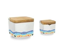 Kcasa - Salero y azucarero cocina blanco minimalista ceramica con tapa madera español