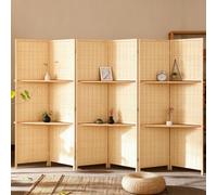KCIOQLS Biombo Plegable, Separador de Pino con Estante | Tejido de Bambú, Bisagras Metálicas, Almacenaje, Sala de Estar, Sala de Té(6 Panels,180x50cm/70.9x19.7in)