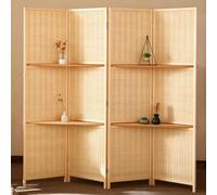 KCIOQLS Biombo Plegable, Separador de Pino con Estante | Tejido de Bambú, Bisagras Metálicas, Almacenaje, Sala de Estar, Sala de Té(4 Panels,180x40cm/70.9x15.7in)