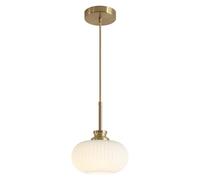 KCO Modern Gold - Lámpara colgante pequeña de cristal acanalado blanco | Cable ajustable, cable E26, lámpara colgante de techo de latón cepillado vintage para cocina, isla de comedor
