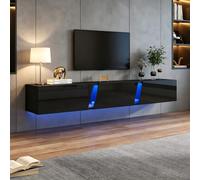Kebnor 180 x 35 x 30 cm, mueble de TV montado en la pared, mueble de TV con luces LED, soporte de TV con 3 puertas de armario, apto para televisores de 75 pulgadas, color negro