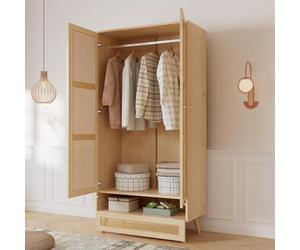 Kebnor Armario con barra, armario de 2 puertas, dormitorio, red de ratán, sala de estar, con tapa inferior abatible, tableros de partículas+ratán de polietileno, natural