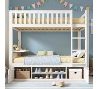 Kebnor Cama alta infantil blanca de 90 × 200 cm con tablero plegable y zapatero integrado, somier, solución todo en uno, certificado EN 747, sin colchón, color blanco