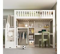 Kebnor Cama alta infantil blanca de 90 x 200 cm con escritorio, armario de escalera y armario, estanterías abiertas, conectores USB/USB C, somier, solución todo en uno que ahorra espacio, sin colchón