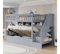 Kebnor Cama de madera de 90 x 200 cm, para debajo de la cama, hidráulica, escalera de almacenamiento, estanterías, cama alta, litera, cama juvenil (gris)