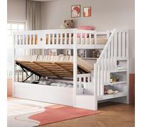 Kebnor Cama de madera de 90 x 200 cm, para debajo de la cama, hidráulica, escalera de almacenamiento, estanterías, cama alta, litera, cama juvenil (blanco)