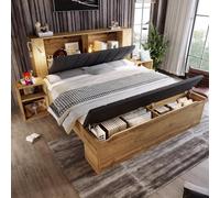 Kebnor Cama doble de madera con cabecero plegable de tela de lino, espacio de almacenamiento, dos mesitas de noche, banco con espacio de almacenamiento, lámparas de lectura con USB (sin colchón) (180