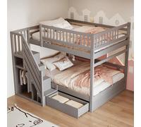 Kebnor Cama Litera de Madera Maciza, con Barrera de Seguridad Alta, con Somier, Escalera de Seguridad con Espacio de Almacenamiento, con Cajones, Cama Infantil/Juvenil (Gris, 140 * 200 cm)