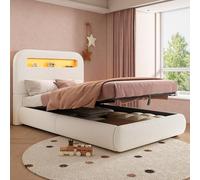 Kebnor Cama tapizada, cama individual, cuna 90 x 200 cm, cama funcional hidráulica, cama con somier, cabecero y gran espacio de almacenamiento, iluminación LED, patas de madera maciza, color blanco