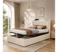 Kebnor Cama tapizada, cama individual, cuna 90 x 200 cm, cama funcional hidráulica, cama con somier, cabecero acolchado, gran espacio de almacenamiento, estación de carga USB y tipo C y lámpara de