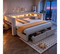Kebnor Cama tapizada sofá cama 90/180 × 190 cm, con cama extensible y cajones, compartimentos de almacenamiento integrados, iluminación LED, conectores USB y tipo C, tela aterciopelada beige