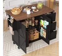 Kebnor Isla de cocina, carrito de servir con encimera extensible, armario de cocina, carrito de cocina, carrito de comedor con vetas de madera, carro comedor con dos puertas y tres cajones (negro)