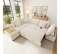 Kebnor Sofá esquinero modular en forma de L, 6 plazas con función de dormir izquierda/derecha; sofá cama extensible; taburete de almacenamiento móvil; puertos USB/Type-C; 3 cojines; chenilla beige