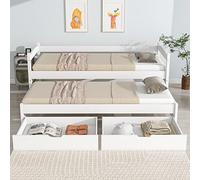 KecDuey Cama individual y doble, cama deslizante con ruedas inferiores, con 2 cajones de MDF, marco de madera maciza, blanco (200 x 90 cm/190 x 90 cm)
