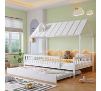 KecDuey Cama Infantil Forma de Casa 120x200+120x190 cm, Cama Nido con Somier y Barandilla, Madera de Pino Blanco