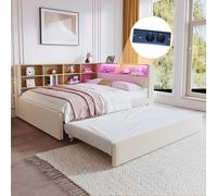 KecDuey Estructura de cama, sofá cama 140x200 cm, cama plegable 90x190 cm, equipada con luces LED, enchufes y muchos compartimentos de almacenamiento, cama acolchada, cama individual, tela de franela