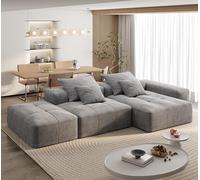 KEIKI Sofá modular modular de gran tamaño con otomana y almohadas, combinación de 4 piezas, tela de felpilla brillante, comodidad similar a una nube, base antideslizante, no requiere montaje, gris