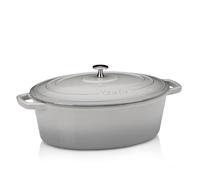 Kela Asador de Hierro Fundido Ovalado 6 Litros, Dutch Oven CALIDO, Asador de Inducción con Tapa, Olla de Hierro Fundido para Hornear Pan, Esmaltada, Gris Claro