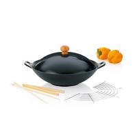 kela Wok de hierro fundido con tapa de 36 cm ASIA, wok con rejilla para cocinar al vapor, palillos, pinzas de madera, sartén wok de 4,5 l para inducción