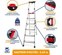 Keli: Escalera de mano, escalera de aluminio robusta, calidad profesional, con asa de transporte, soporte para herramientas de ABS, plegable (6 escalones)
