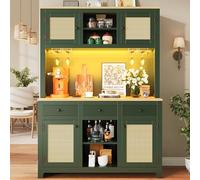 Kelodan Armario alto con sistema de iluminación LED, ratán de polietileno, antirinclinación, estantes y cajones ajustables, estilo vintage, para cocina, salón, comedor, verde antiguo
