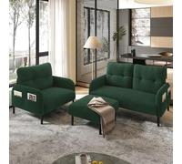 Kelodan Juego de 3 sillones, taburetes, sofá de 2 plazas, bolsillo lateral, estructura tubular de acero, respaldo extrasuave, asiento profundo, modular combinable para salón, color verde esmeralda