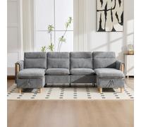 Kelodan Juego de sofá modular grande en forma de U con dos taburetes, espacio de almacenamiento, patas de madera, cómodo sofá de tela, ideal para sala de estar, chenilla gris, gris claro