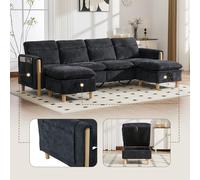 Kelodan Juego de sofá modular grande en forma de U con dos taburetes, espacio de almacenamiento, patas de madera, cómodo sofá de tela, ideal para sala de estar, chenilla negra