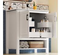 Kelodan Lavabo independiente de 76,5 x 47 x 83 cm, completamente lacado, armario de doble puerta, espacio de almacenamiento en diferentes tamaños, lavabo de cerámica integrado, estantes abiertos