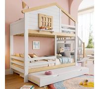 Kelodan Litera, 90 x 200 cm, barandilla, cama extensible, escalera de almacenamiento, ventana, listón, blanco + natural