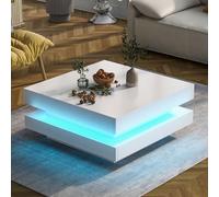 Kelodan Mesa de centro cuadrada blanca de alto brillo con placa giratoria, estilo tecno moderno, 70 x 70 x 36 cm, mesa giratoria de 360 grados