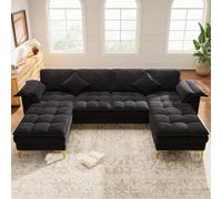 Kelodan Sofá esquinero en forma de U, diseño modular de 4 plazas con aspecto de nube, cojines de espuma de doble capa, 2 sillas, 2 almohadas, patas de metal dorado, cubierta de chenilla, ideal para