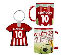 Kembilove® Pack Taza y Llavero Fútbol Atlético Personalizados | Nombre y Número | Regalo Rojiblanco para Aficionados Niño Adulto | Detalle Futbolero Atleti Original