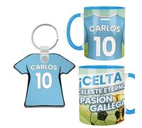 Kembilove® Pack Taza y Llavero Fútbol Celta Personalizados | Nombre y Número | Regalo Celeste para Aficionados y Niños | Regalos personalizados Navidad