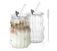 KEMORELA 2 vasos de café helado con tapas y popotes, vasos de vidrio acanalado de 530 ml para matcha latte, té de burbujas y batidos, vasos ondulados transparentes