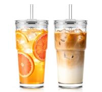 KEMORELA 2 vasos de cristal de 600 ml con tapa y pajita, vaso con tapa y pajita, vaso a prueba de fugas, vaso de café helado, smoothie, taza para café, zumo y matcha
