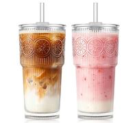KEMORELA Juego de 2 vasos de cristal de 600 ml con tapa y pajita de cristal, reutilizables, para café helado, agua, batidos, leche, cócteles y matcha, uso diario y viajes