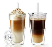 KEMORELA Juego de 2 vasos de cristal de doble pared de 480 ml con tapa y pajita para café, latte macchiato, café helado y bebidas frías