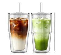 KEMORELA Juego de 2 vasos térmicos de doble pared de 480 ml con tapa y pajita, vasos de cristal acanalados para latte macchiato, café, té y café helado, vasos de cristal con tapa y pajita