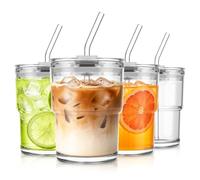KEMORELA Juego de 4 vasos de cristal con tapa y pajita de 380 ml, a prueba de fugas, vasos con tapa, vasos de matcha, vasos de café helado, vasos para batidos de café, zumo y bebidas frías