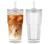 KEMORELA Vasos de vidrio acanalado de 20 onzas con tapas y popotes de vidrio, 2 unidades, tazas de café helado vintage con tapas, tazas de vidrio reutilizables a prueba de fugas de agua para