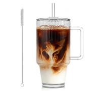 KEMORELA Vasos de vidrio acanalado de 24 onzas con tapas y popotes, vaso de vidrio acanalado con asa, cristalería de café helado, vasos transparentes reutilizables para batidos y bebidas (patrón