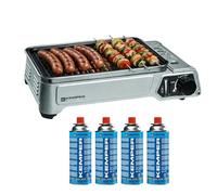 Kemper barbacoa de Gas, portátil, 1,9 kW, rejilla antiAdherente + 4 cartuchos de gas para acampada